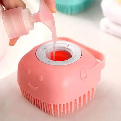 Pink Soap Dispenser Dog Washing Brush getting filled